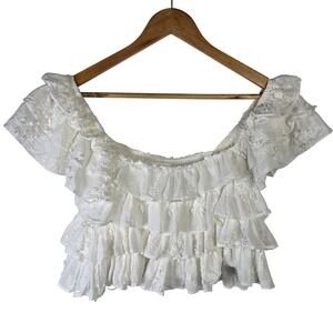 Mable White Eyelet Embroidered Ruffle Off Shoulder Crop Top Medium M